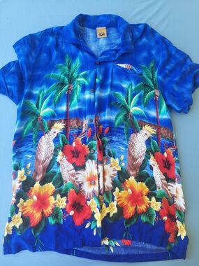 Vintage Pacific Legend Blue Hawaiian Shirt – Tropical Parrots & Hibiscus Print